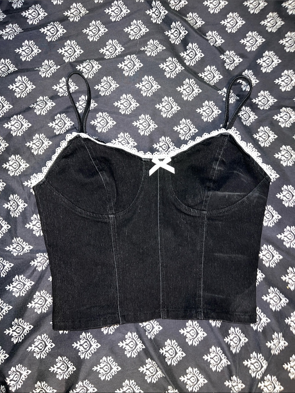 Aster Black Bustier Crop Top with White Lace Accent